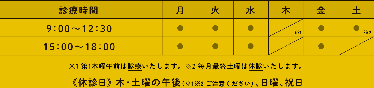 診療時間 9：00〜12：30 / 15：00〜18：00《休診日》木・土曜の午後（※1※2 ご注意ください）、日曜、祝日　※1 第1木曜午前は診療いたします。※2 毎月最終土曜は休診いたします。